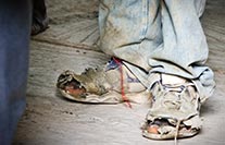 På egen risk. Alla arbetare ges en skyddshjälm. I övrigt är utrustningen bristfällig. Knappt någon har till exempel ordentliga handskar eller arbetsskor. Foto. JENS FINNÄS